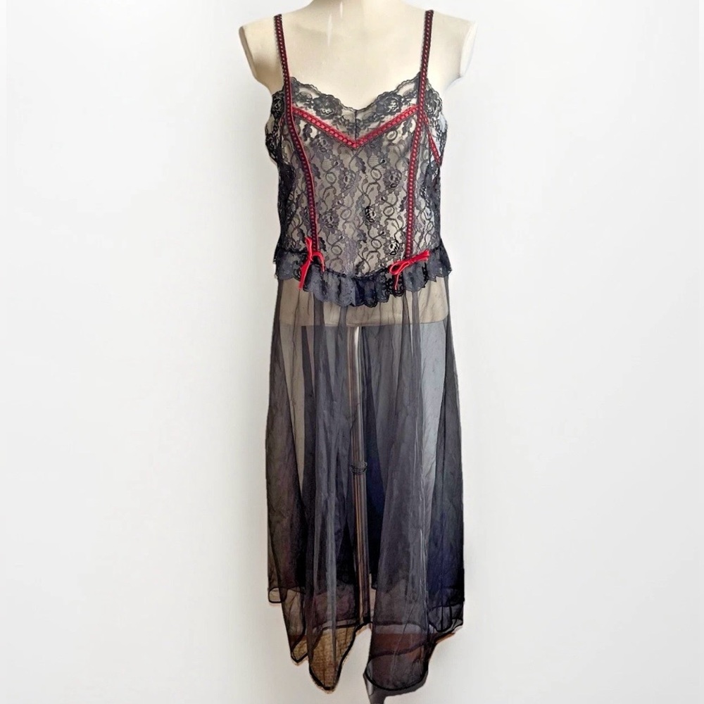 Vintage Jill Andrea Lingerie Night Gown Sheer Black Red Lace Ribbon Goth Medium